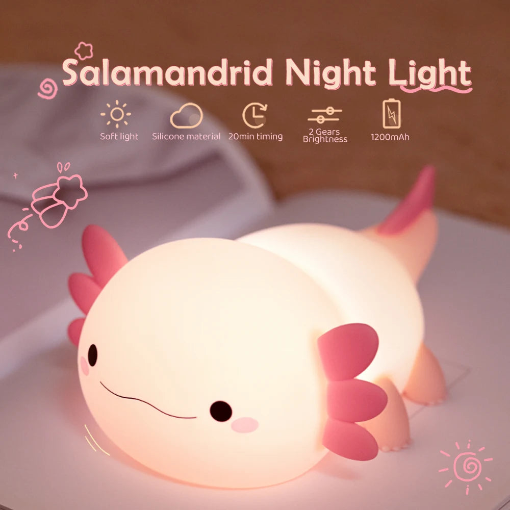 Axolotl Night Light – Portable USB Rechargeable Silicone Lamp with Adjustable Brightness