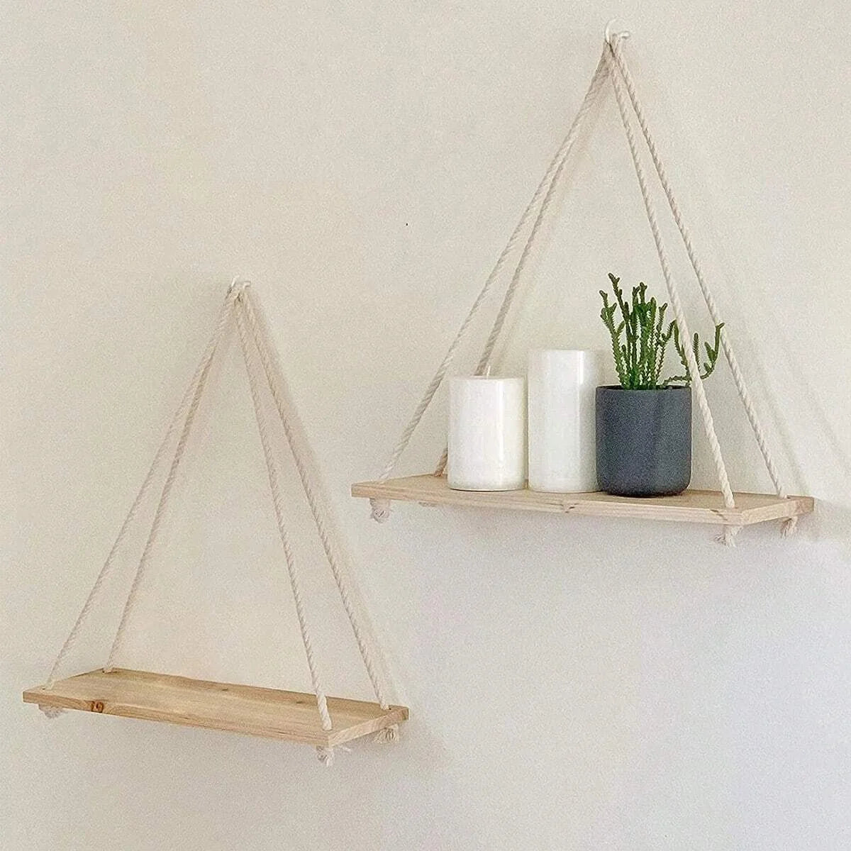 Wooden Swing Hanging Rope Shelf – Floating Wall Shelf for Plants, Decor, and Storage