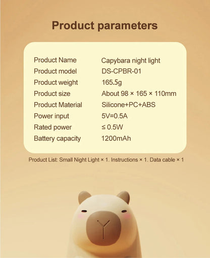 Capybara Silicone Night Light – USB Rechargeable, Dimmable Sleep Lamp for Cozy Decor