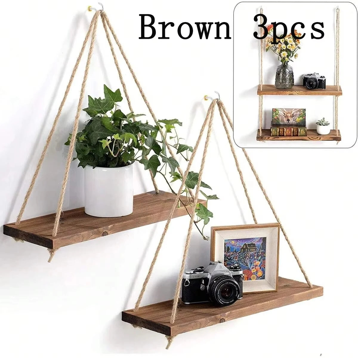 Wooden Swing Hanging Rope Shelf – Floating Wall Shelf for Plants, Decor, and Storage