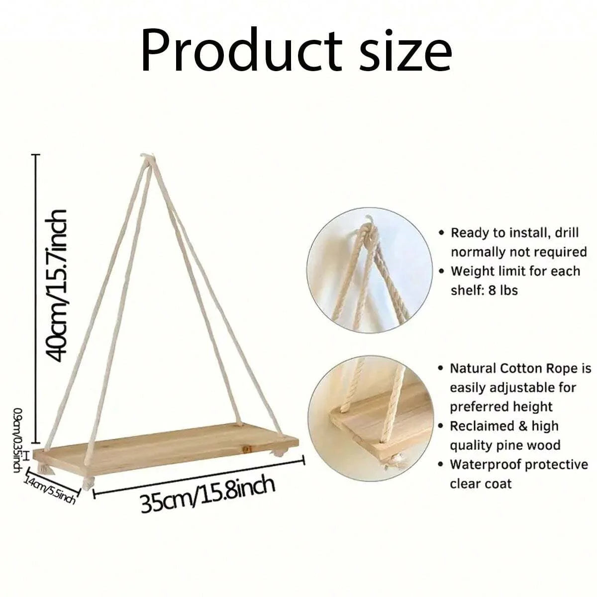 Wooden Swing Hanging Rope Shelf – Floating Wall Shelf for Plants, Decor, and Storage