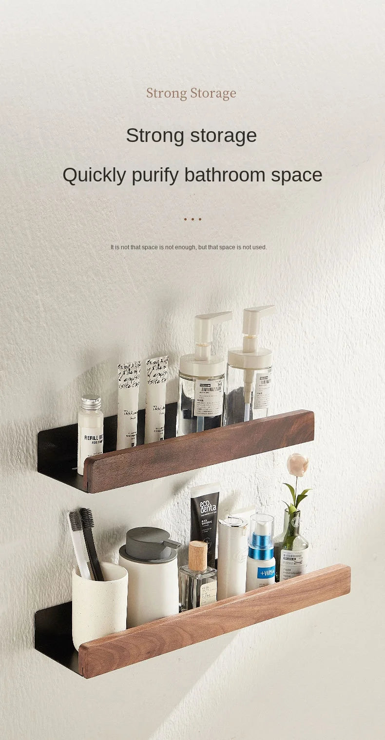 Bathroom Shelf – Solid Wood Wall-Mounted Shower Storage Rack, Punch-Free Toilet Organizer