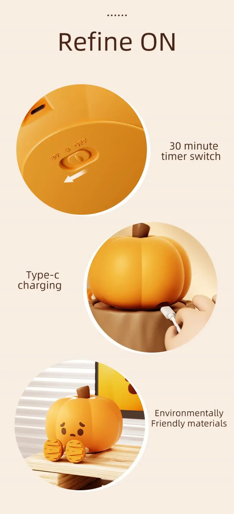 Pumpkin Silicone Night Light – Rechargeable LED Touch Lamp with Adjustable Brightness