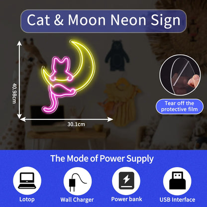 Anime Cat & Moon Neon Sign – LED Wall Decor Light for Bedroom, Home, and Gift