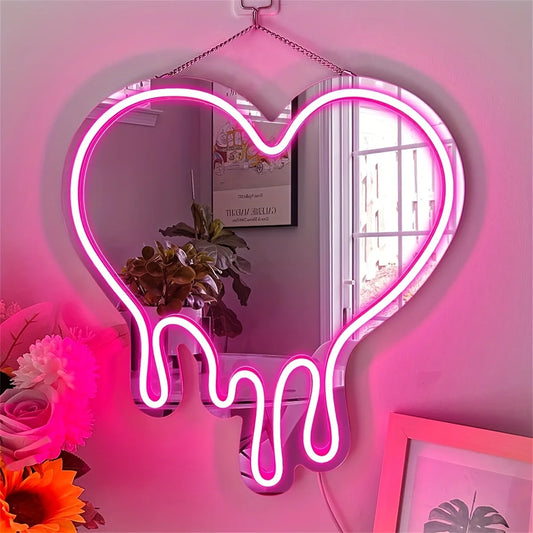 LED Heart Neon Sign – Pink Mirror Light for Bedroom, Party, or Shop Decor