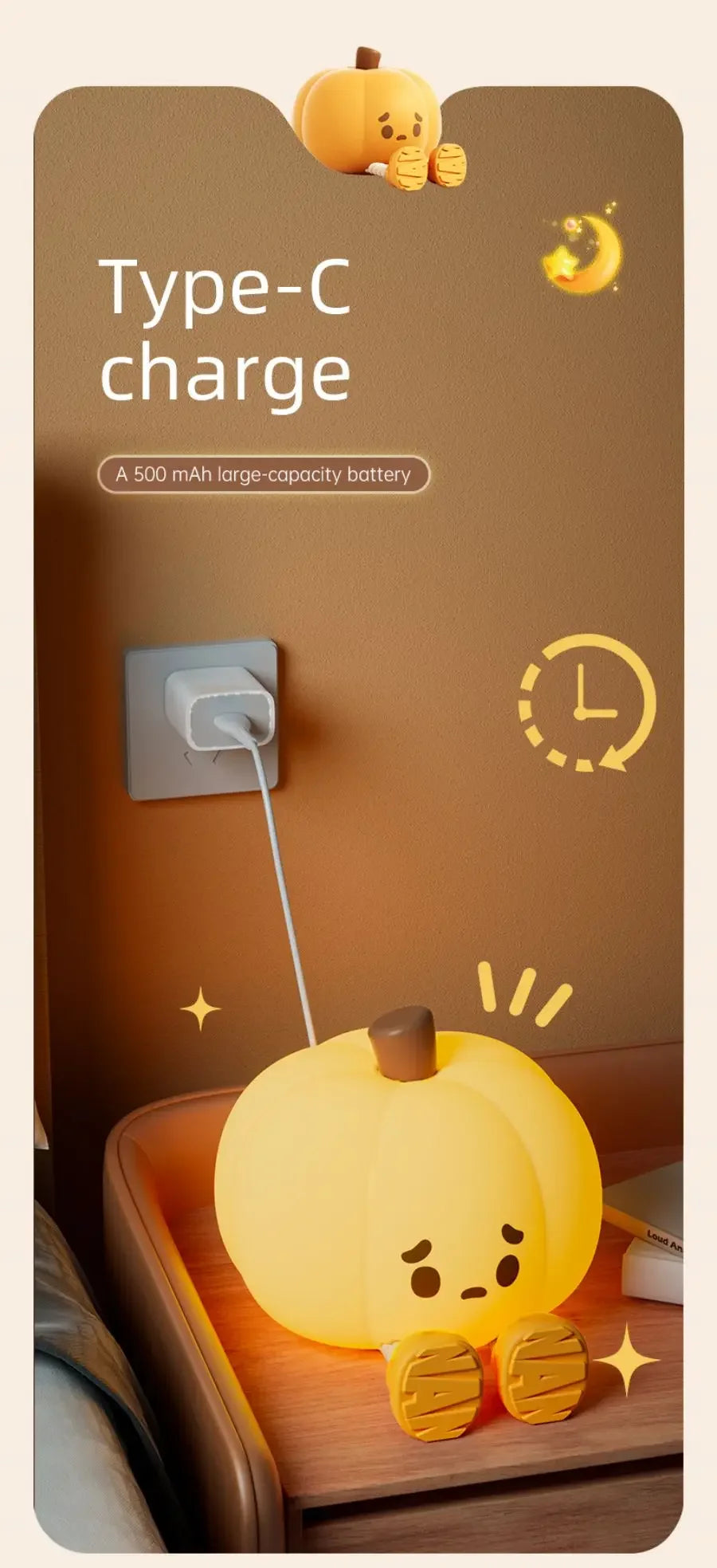 Pumpkin Silicone Night Light – Rechargeable LED Touch Lamp with Adjustable Brightness