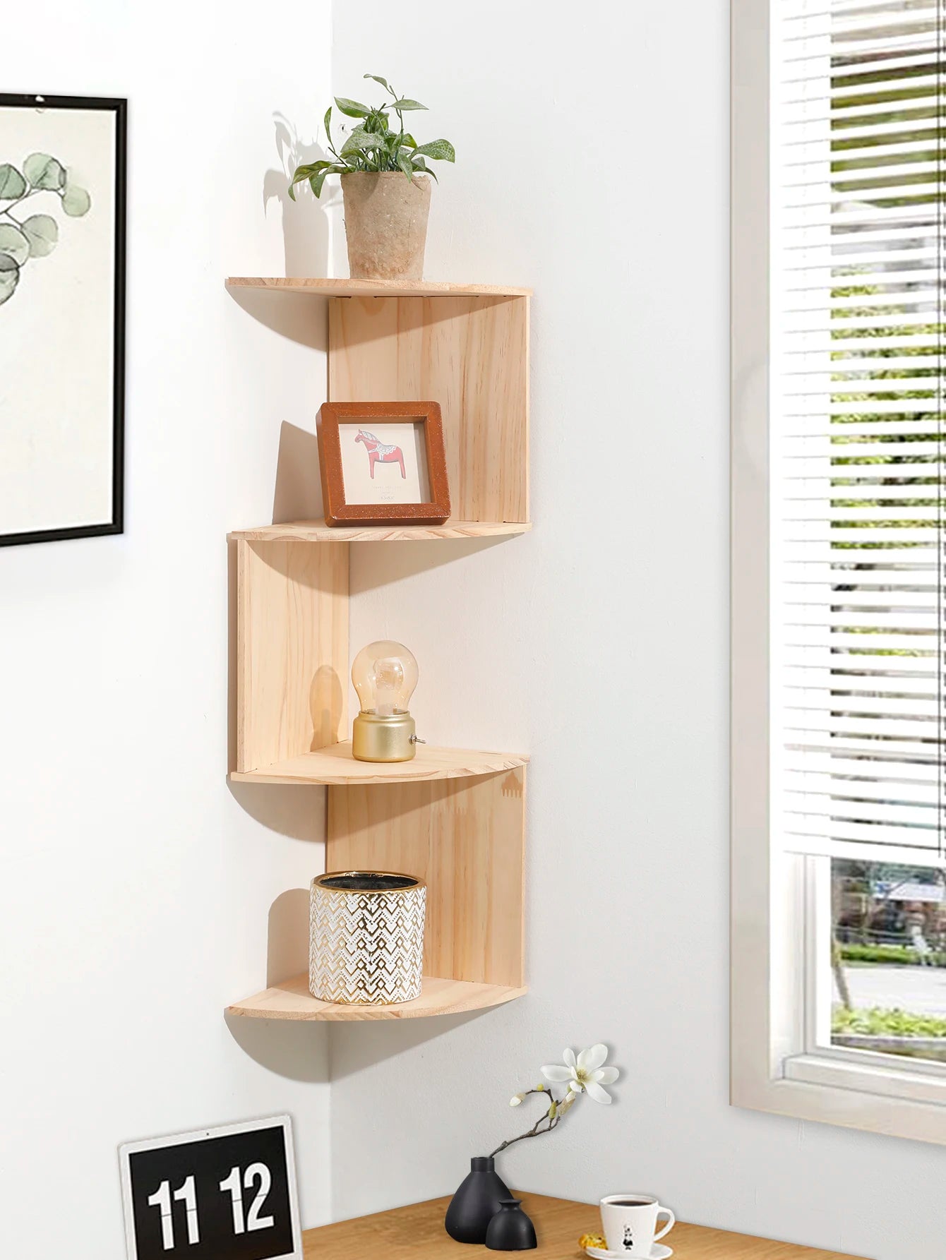 5-Tier Wooden Corner Floating Shelves – Wall-Mounted Storage for Kitchen, Living Room, or Bedroom