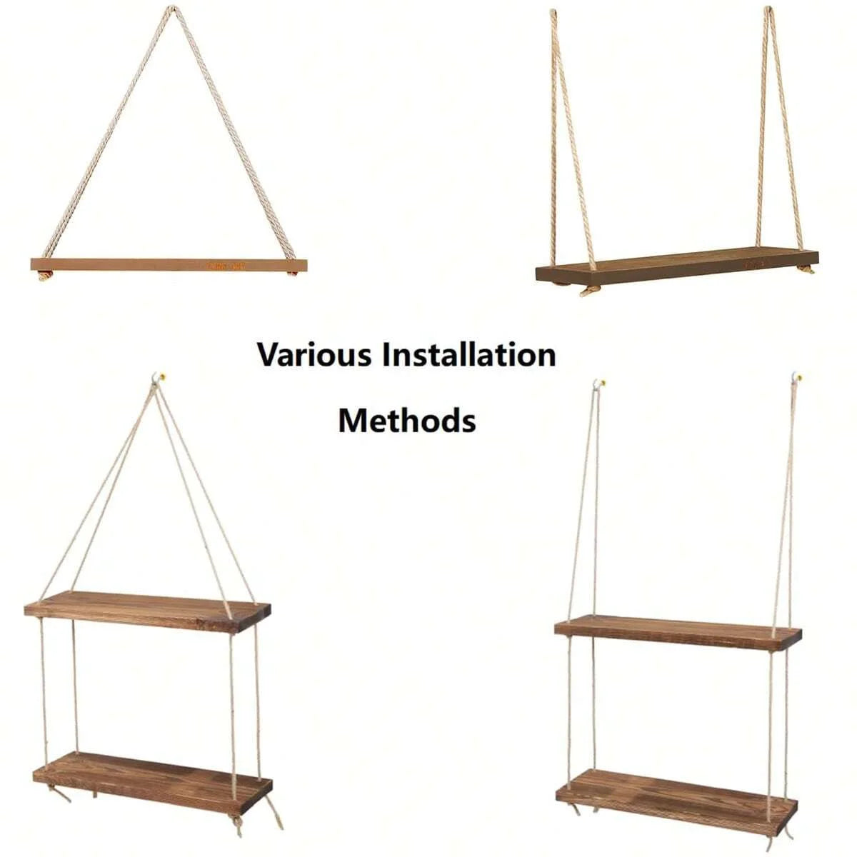 Wooden Swing Hanging Rope Shelf – Floating Wall Shelf for Plants, Decor, and Storage