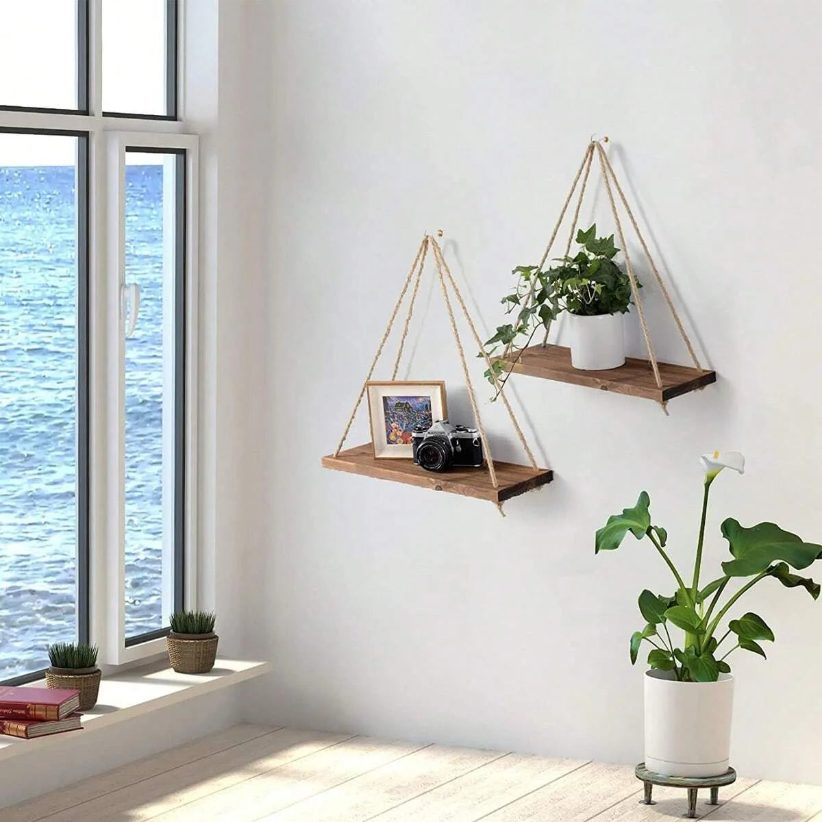 Wooden Swing Hanging Rope Shelf – Floating Wall Shelf for Plants, Decor, and Storage