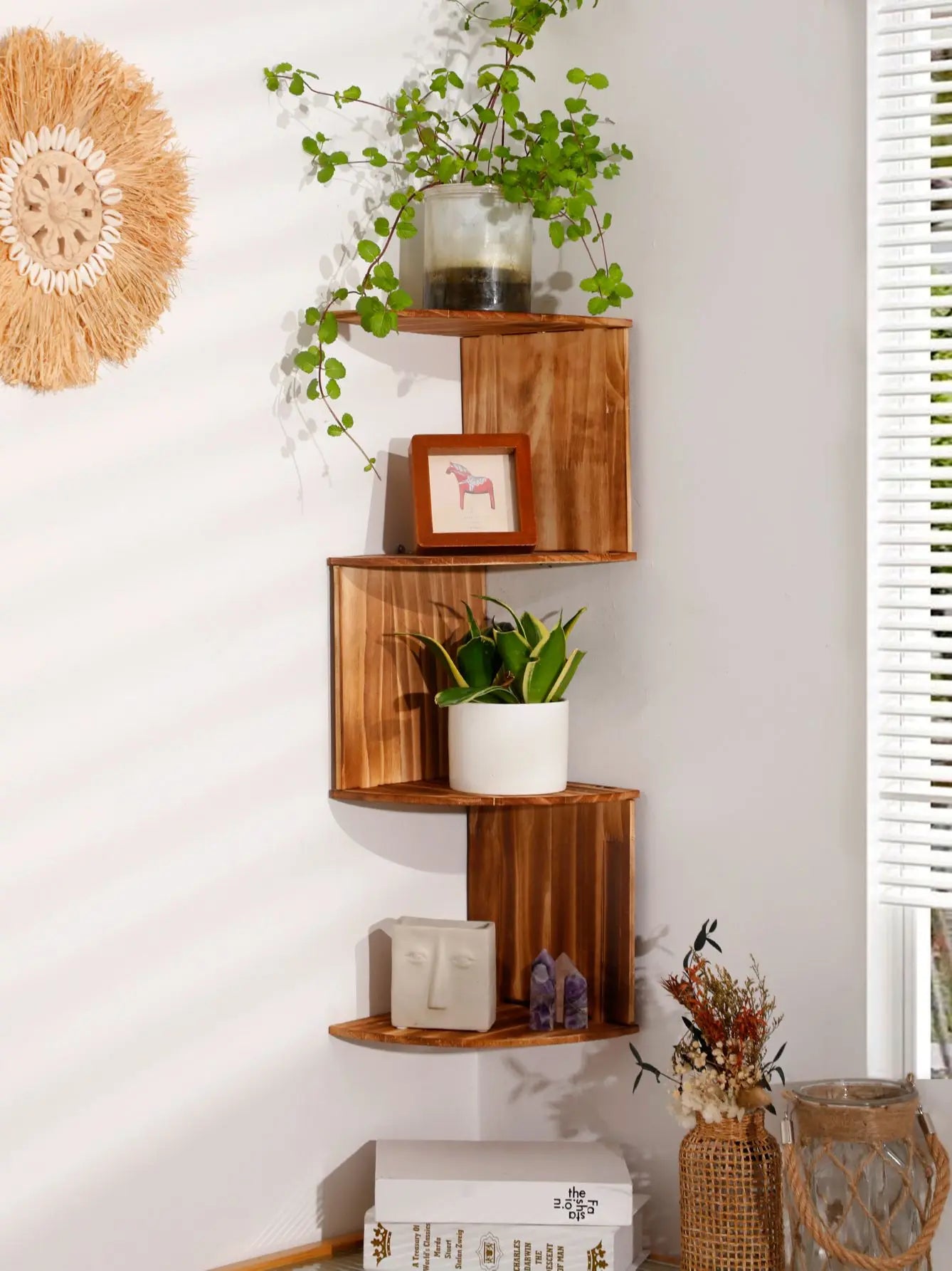 5-Tier Wooden Corner Floating Shelves – Wall-Mounted Storage for Kitchen, Living Room, or Bedroom