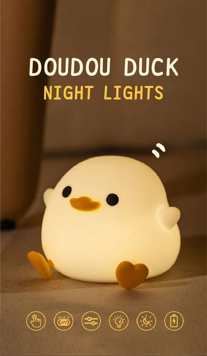 Doudou Duck Night Light – Soft Light Silicone Lamp, USB Rechargeable, Adjustable Brightness