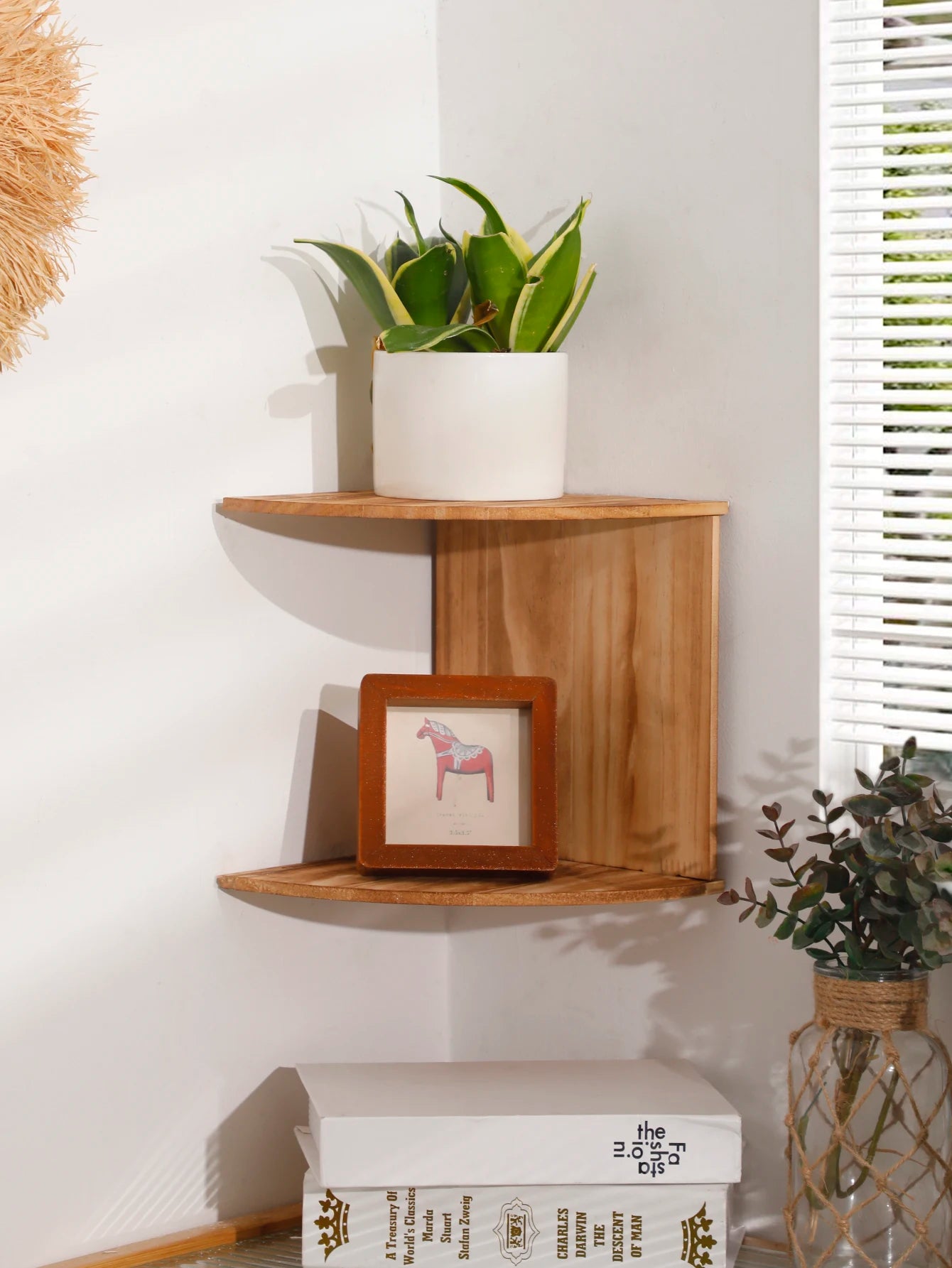 5-Tier Wooden Corner Floating Shelves – Wall-Mounted Storage for Kitchen, Living Room, or Bedroom