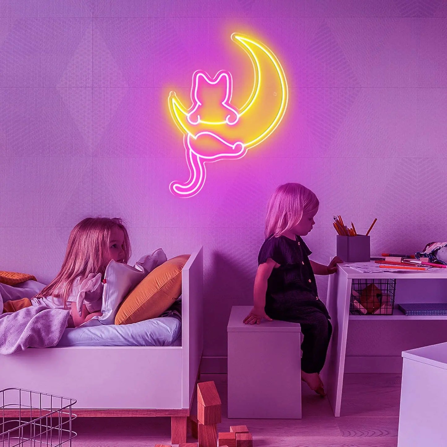 Anime Cat & Moon Neon Sign – LED Wall Decor Light for Bedroom, Home, and Gift