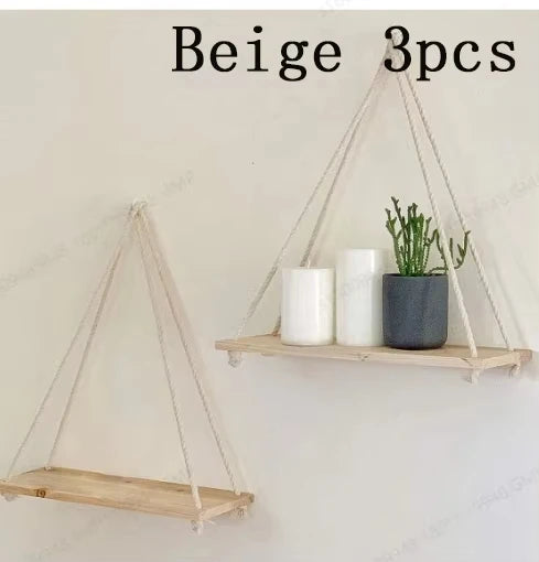 Wooden Swing Hanging Rope Shelf – Floating Wall Shelf for Plants, Decor, and Storage