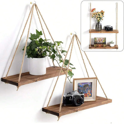 Wooden Swing Hanging Rope Shelf – Floating Wall Shelf for Plants, Decor, and Storage