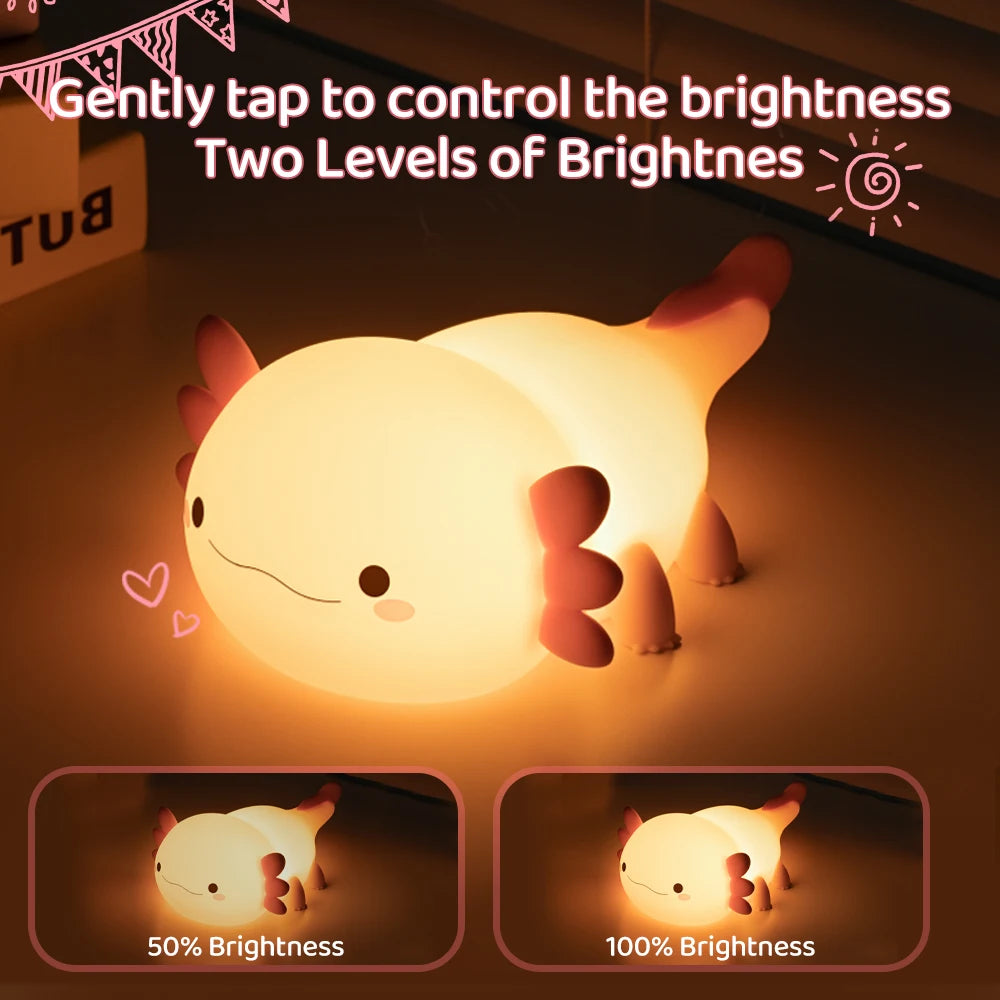 Axolotl Night Light – Portable USB Rechargeable Silicone Lamp with Adjustable Brightness