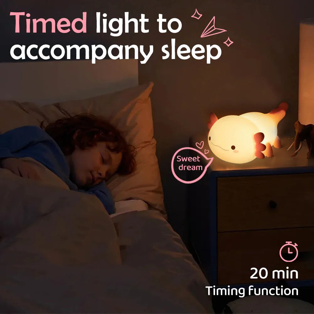 Axolotl Night Light – Portable USB Rechargeable Silicone Lamp with Adjustable Brightness