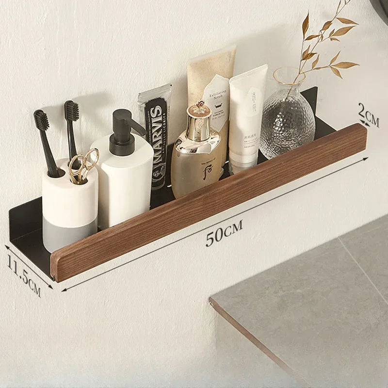 Bathroom Shelf – Solid Wood Wall-Mounted Shower Storage Rack, Punch-Free Toilet Organizer