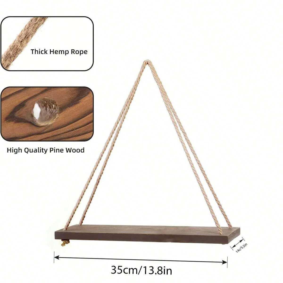 Wooden Swing Hanging Rope Shelf – Floating Wall Shelf for Plants, Decor, and Storage